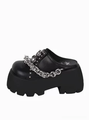 Single black Gothic Lolita platform mule sandal left side view round closed toe thick lug sole silver chain decoration metallic studs detail