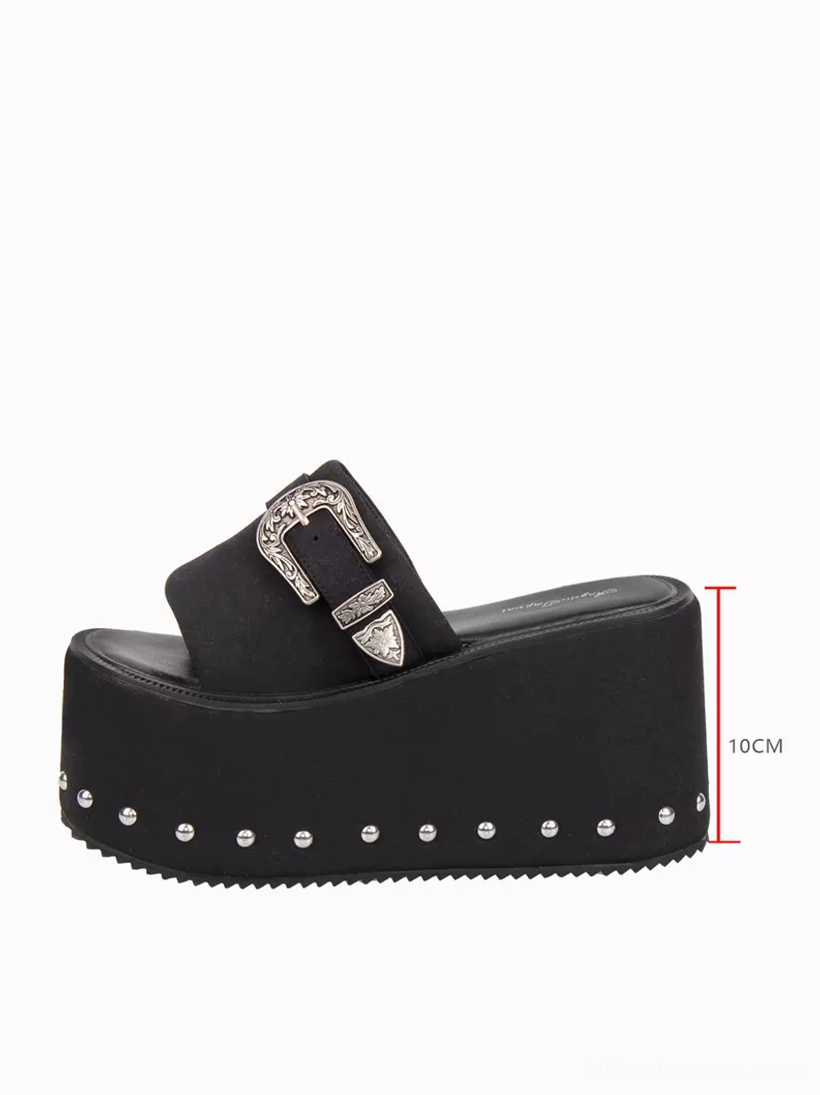 Single black gothic lolita wedge platform sandal ten centimeter thick sole rivet details profile