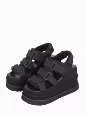 Black gothic lolita platform sandals with adjustable buckle straps front view showing open toe design and thick wedge sole