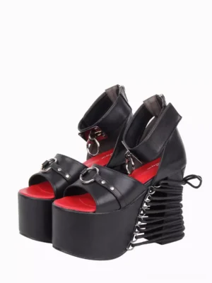 Gothic Lolita black platform sandals lace-up open toe with metal ring buckles three-quarter double-shoe view