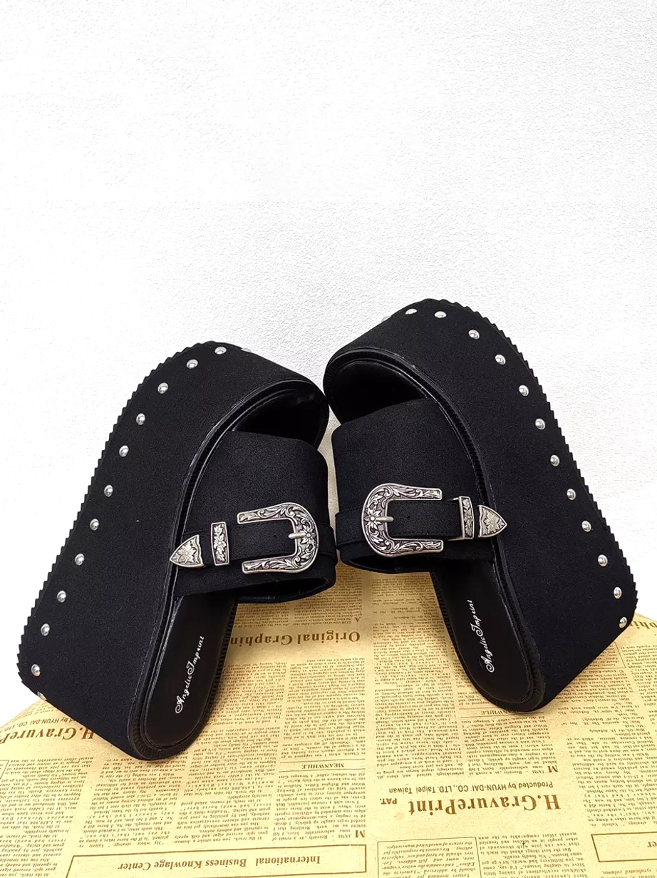 Pair of black gothic lolita platform sandals large vintage silver buckles studded side sole detail