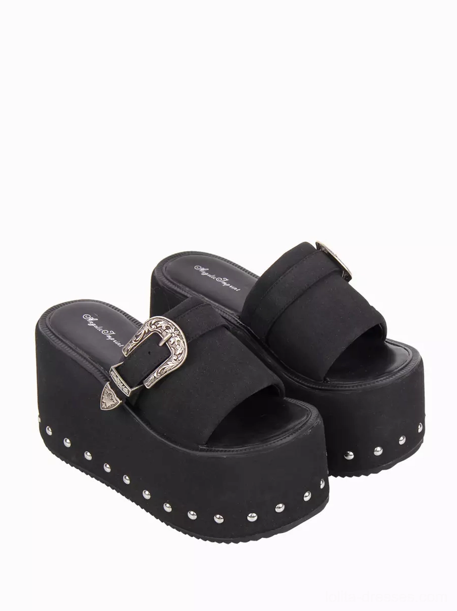 Gothic lolita black metallic pu leather sandals studded sole edge decorative buckle top view