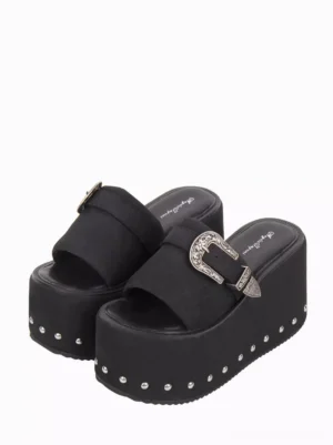 Black gothic lolita platform sandals with silver rivet studded sole and vintage buckle strap flat lay detail view