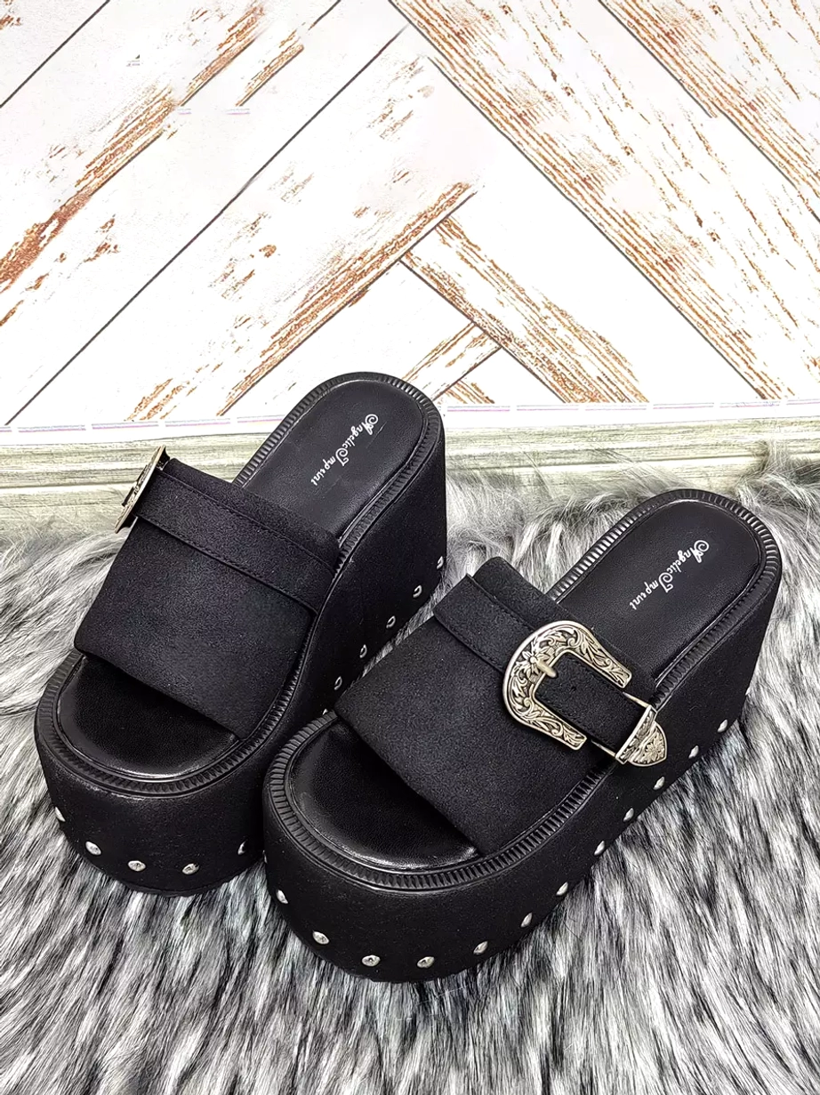Black platform lolita slide sandals pair vintage silver buckles studded architectural sole side view