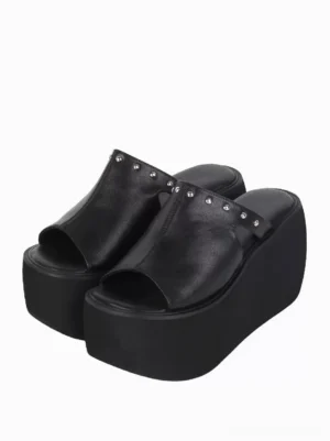 Black Gothic Lolita platform sandals with silver rivets front three-quarter view paired shoes open toe wedge heel