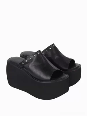 Black Gothic Lolita studded platform sandals side three-quarter view paired shoes thick wedge sole