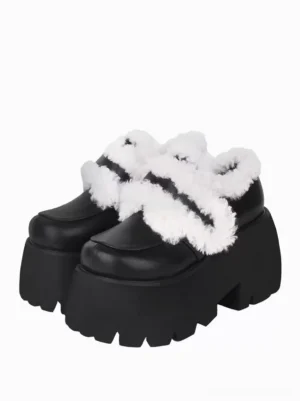 Black fuzzy gothic lolita platform shoes pair top three-quarter view white fluffy trims serrated wedge sole