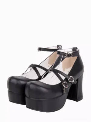 Black gothic lolita platform shoes with criss-cross heart buckle straps front three-quarter view showing round closed toe and chunky block heel design