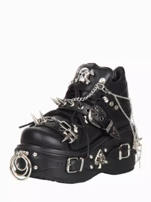 Single black Gothic Lolita pump with silver metal spikes chain and skull embellishments side profile view