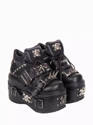 Gothic lolita wedge heel pumps side profile view showcasing studded decorations skull hardware buckle fasteners and thick wedge sole platform