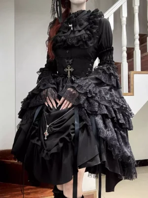 Black Gothic Lolita ruffle skirt front close-up view with multi-layer ruffled lace and cross waist decoration frilled high collar detail