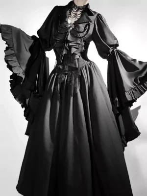 Black Gothic Lolita two-piece outfit side angle - asymmetric ruffled bell sleeves corset bodice full skirt mannequin display