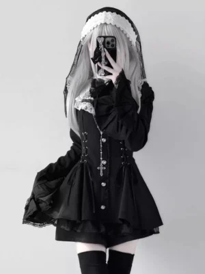 Black gothic lolita two-piece set with ruffled sleeves and cravat, three-quarter mirror selfie view featuring corset waist design and layered hem