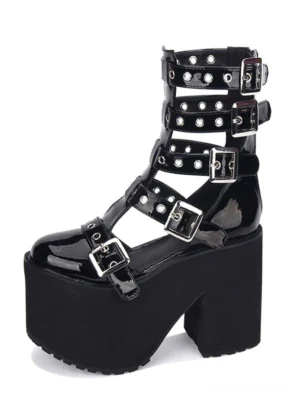 Single black gothic lolita platform sandal three-quarter side angle, metal buckle straps, adjustable ankle strap design, thick block heel detail, patent leather sheen