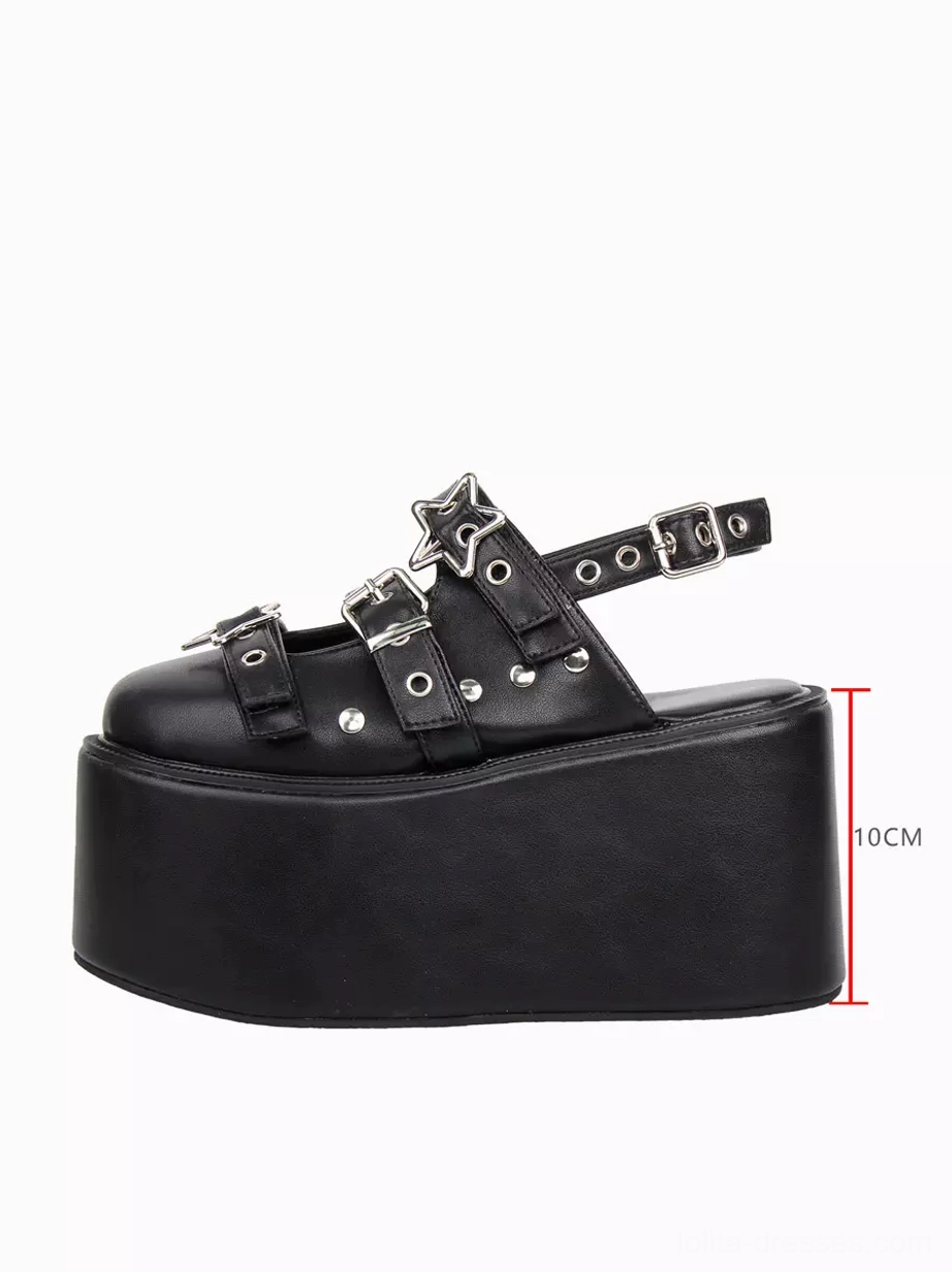 Single black gothic lolita platform sandal side profile displaying metallic PU leather finish and buckle fastening ankle strap