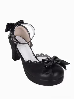 Single black gothic lolita high-heeled sandal three-quarter front view block platform heel lace shoe rim detail