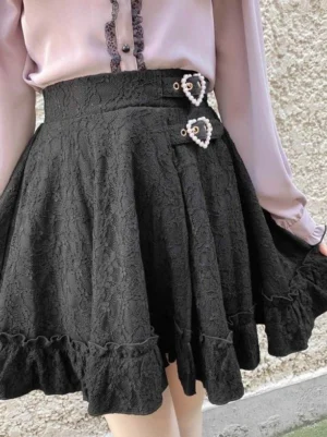black gothic lolita skirt high waisted heart grommets jacquard fabric detail close-up