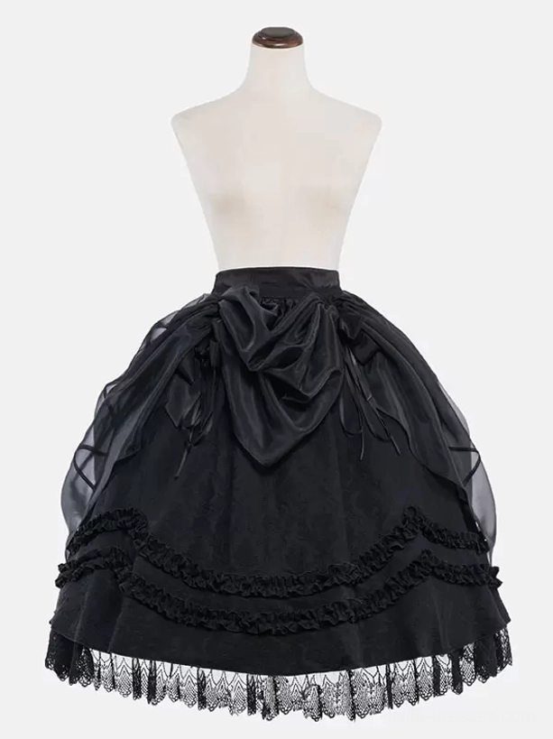 Black Gothic Lolita Skirt with Large Front Bow and Lace Hem - Flat Hanging Mannequin Display