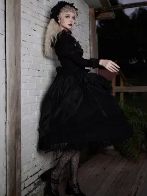 Gothic Lolita Dress Black with Layered Ruffles - Side Back View with Fishnet Stockings and Long Sleeves