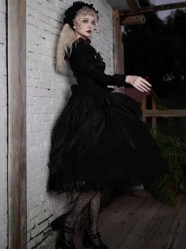 Gothic Lolita Dress Black with Layered Ruffles - Side Back View with Fishnet Stockings and Long Sleeves