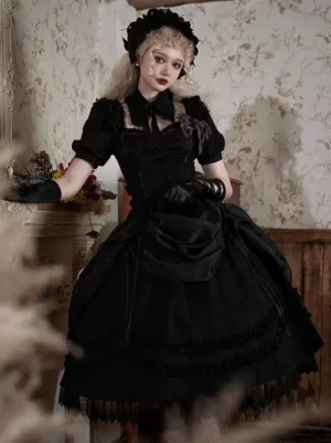 Black Gothic Lolita Skirt with Layered Ruffles and Front Bow - Short Puffed Sleeves Front View
