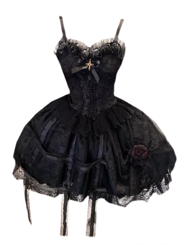 Black Gothic Lolita Slip Dress Flat Product Shot Spaghetti Straps Layered Tulle Lace Skirt Construction Detail White Background