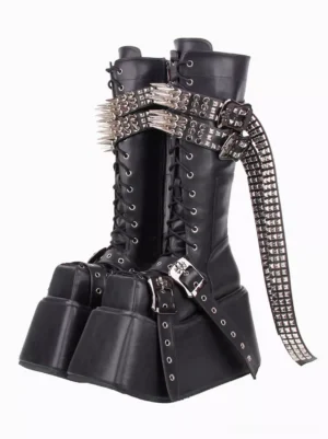 Black gothic lolita platform boots with metallic studded rivets front three-quarter paired display view on white background showing lace-up front and silver hardware