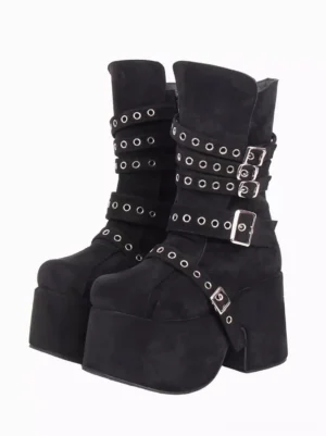 Black suede gothic lolita platform boots with silver metallic grommets and round toe, front three-quarter view showcasing wedge heel and decorative buckles