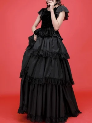 Gothic lolita black dress front partial view showing ruffled flutter sleeves peplum waist and multi-layered lace-trimmed full skirt