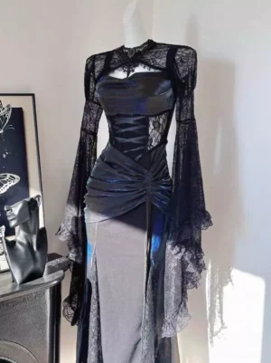 Black gothic lolita velvet maxi dress with floral lace long sleeves and ruched corset bodice, front flat display showcasing high-low hem silhouette