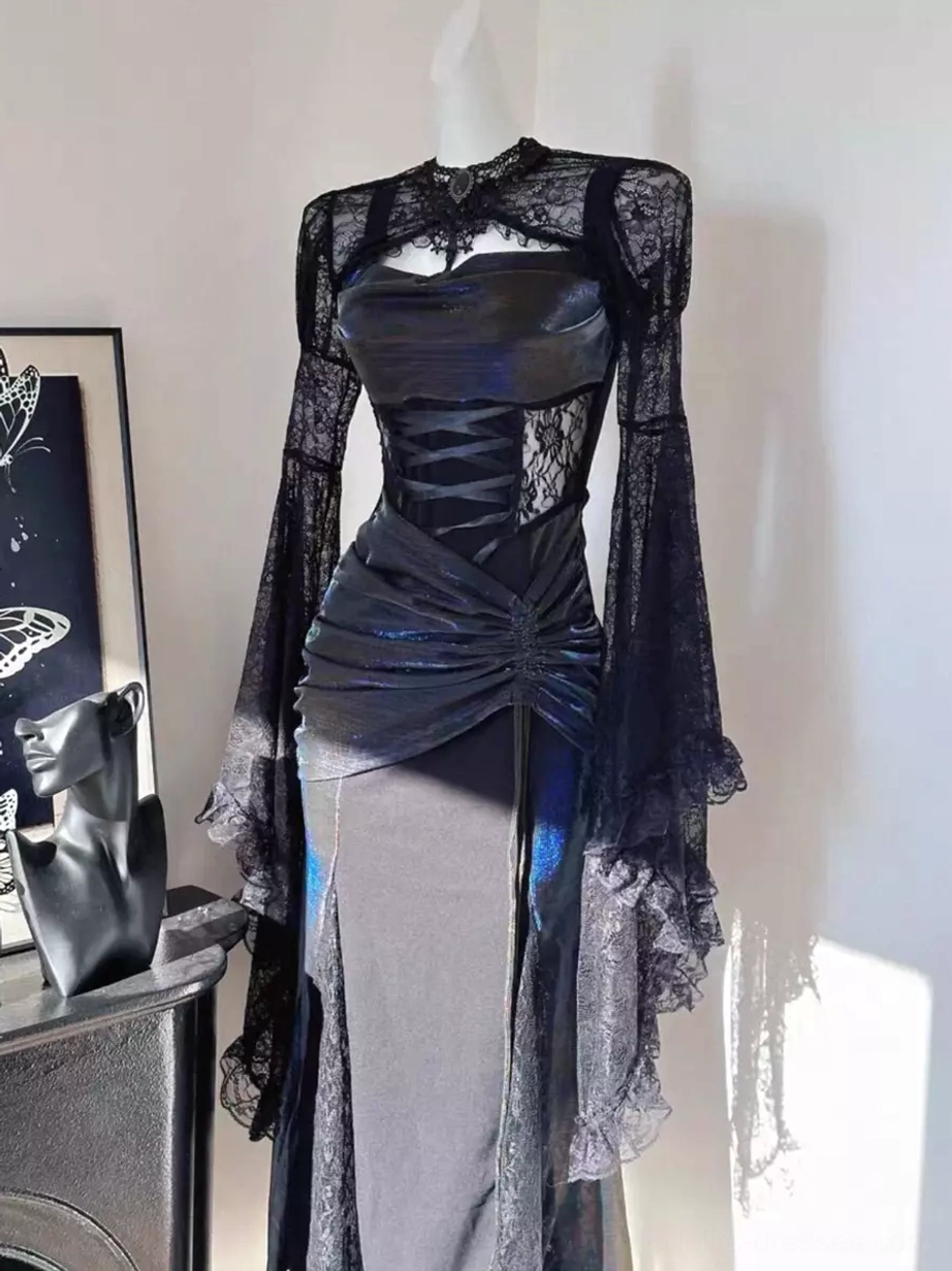 Black gothic lolita velvet maxi dress with floral lace long sleeves and ruched corset bodice, front flat display showcasing high-low hem silhouette