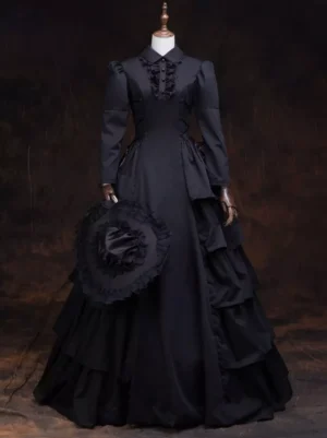 Black Gothic Lolita Victorian ball gown with lace ruffles and lapel collar, front view on mannequin with vintage hat, long sleeves and tiered skirt