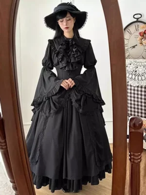 Black Gothic Lolita Victorian dress front full-body view with ruffled collar, bishop bell sleeves, and layered skirt hem featuring intricate lace trims and structured corset waist