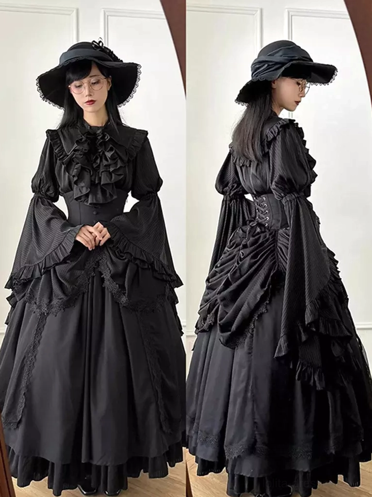 Black Gothic Lolita vintage gown featuring buttoned corset waist, dramatic full skirt with ruffled cuffs and tiered layers, showcasing alternative fashion aesthetic and Victorian elegance