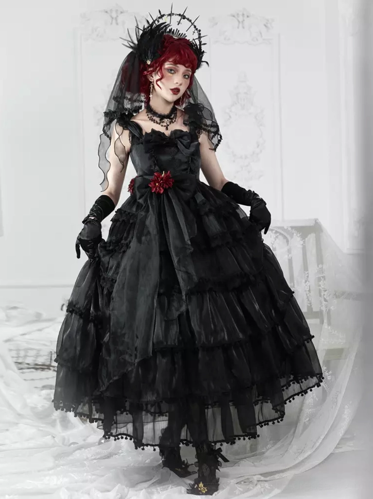 Black gothic lolita wedding dress with tiered tulle skirt, red flower embellishments, dark bridal veil and crown - full front view