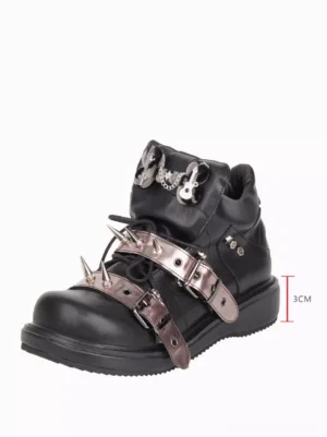 Single black gothic Lolita high-top wedge shoe side profile with 3cm height marker showing low wedge heel structure guitar and skull metal charms