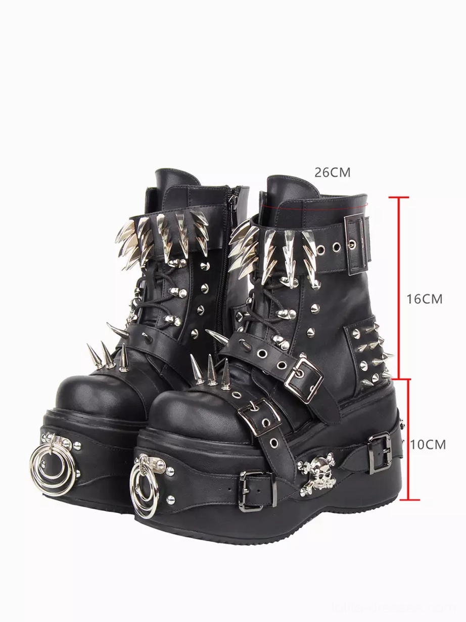 Black gothic lolita wedge heel boots with size scale reference showing round toe and spike embellishments