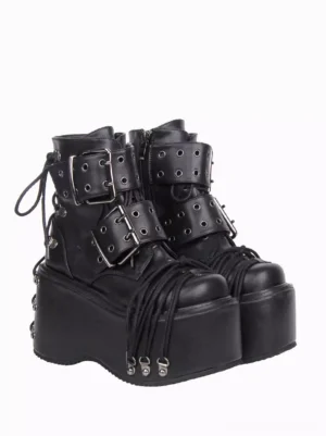 Black PU leather gothic lolita boots side profile displaying thick wedge platform sole, eyelet straps, and side zipper closure mechanism