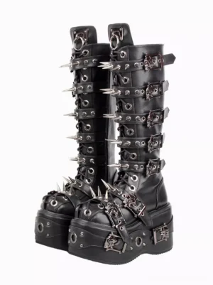 Black gothic lolita wedge boots with silver spike and buckle embellishments front three-quarter view double shoe display