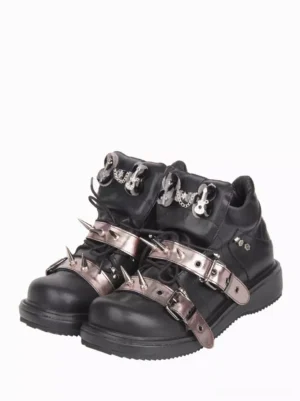 Black gothic Lolita wedge boots front three-quarter view showcasing dual silver spike straps rivet details and round toe design with decorative metal charms