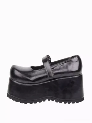 Single black gothic lolita platform pump left three-quarter side view wedge sole thick platform round closed toe