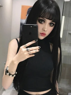 Black long Lolita wig with bangs bathroom mirror selfie half-body shot displaying hair length and blunt bang styling with gothic makeup and all-black coordinate