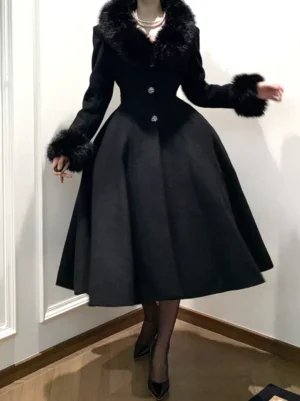 Black Gothic Lolita winter wool overcoat straight front facing view displaying full silhouette with notched lapel, crystal buttons, and mid-calf midi length construction