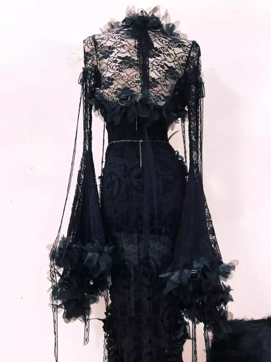 Black gothic mermaid lolita gown back view displaying sheer lace back panel high floral neck trim and bell lace sleeves