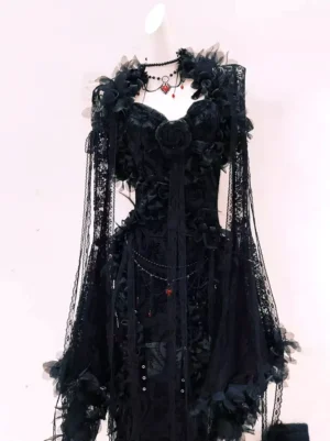 Black gothic lolita evening gown front full view featuring sweetheart neckline beaded waist chain and red gem rose accents