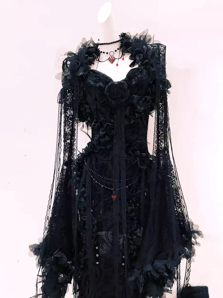 Black gothic lolita evening gown front full view featuring sweetheart neckline beaded waist chain and red gem rose accents