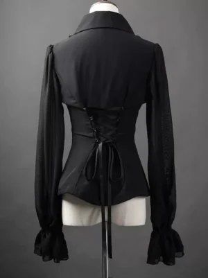 Black gothic ouji lolita blouse back view dress form lace-up corset closure sheer long sleeves