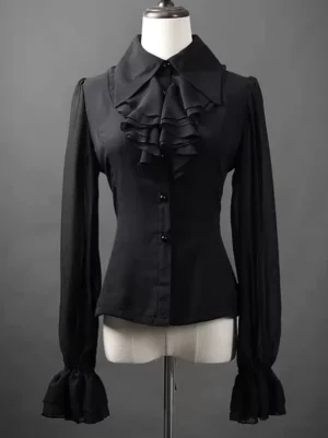 Black gothic ouji lolita blouse front view on dress form with ruffled chest embellishment buttoned front closure
