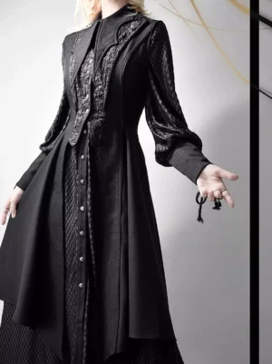 Black gothic ouji lolita long sleeve shirt and waistcoat set front close-up view with jacquard texture stand collar