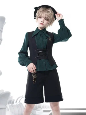Black Gothic Ouji Lolita sleeveless waistcoat top front full-body view with dark green blouse and top hat aristocratic goth style
